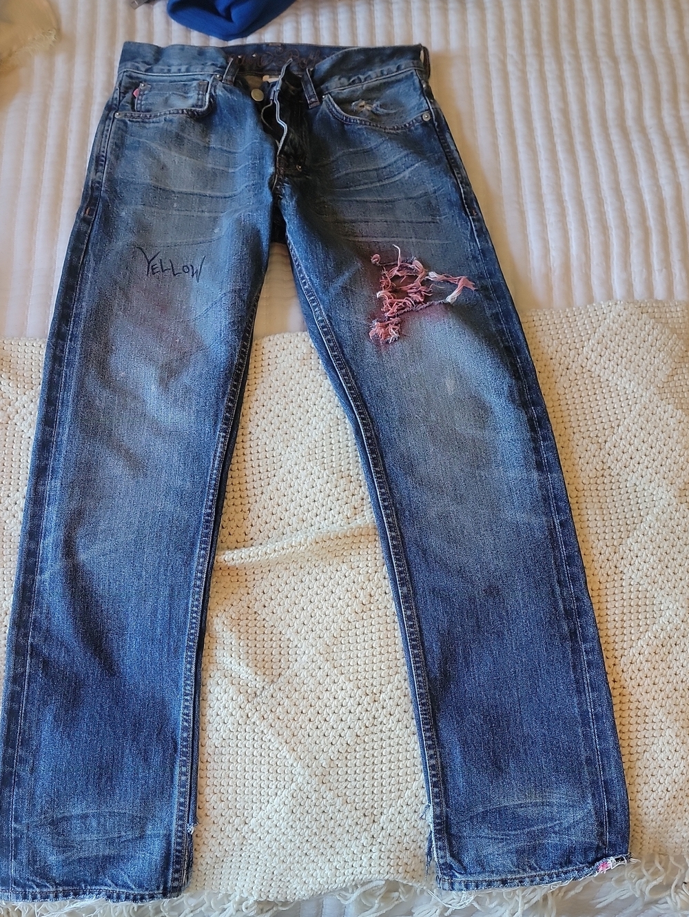 Billionaire Boys Club Distressed Blue Denim Jeans with Pink Detail
